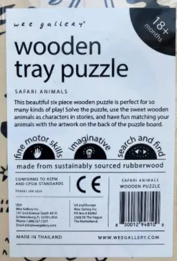 Label on back of recalled Safari Tray Puzzle