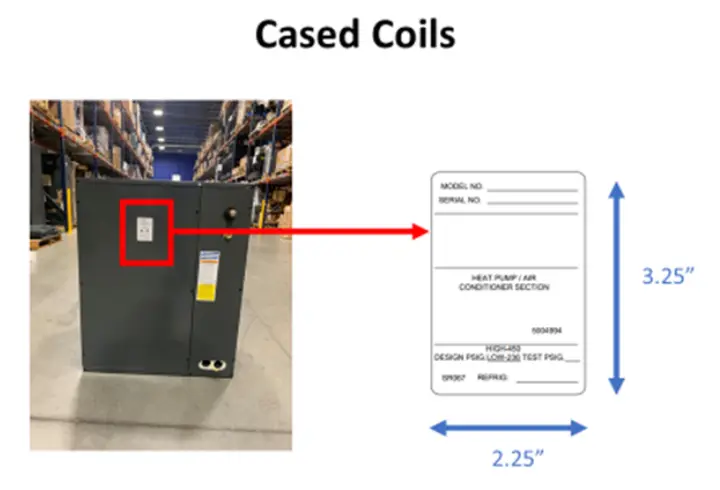 Location of label showing serial number on cased evaporator coils