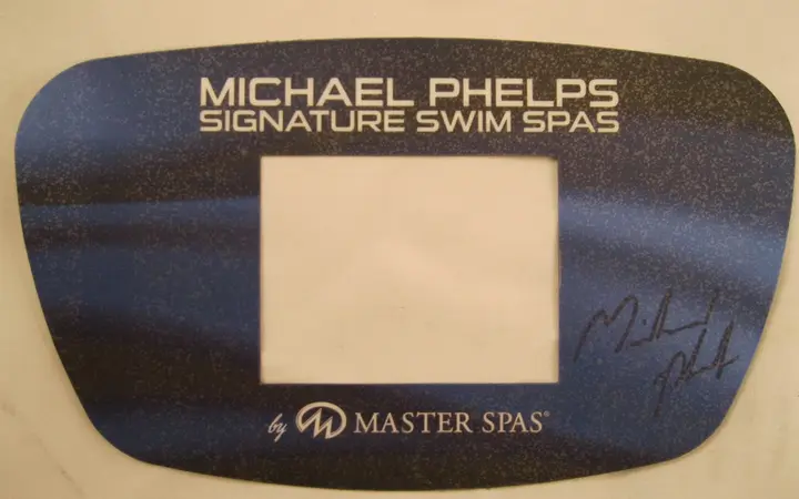 A Master Spas control panel cover showing the name "MP Signature Deep Swim Spas"