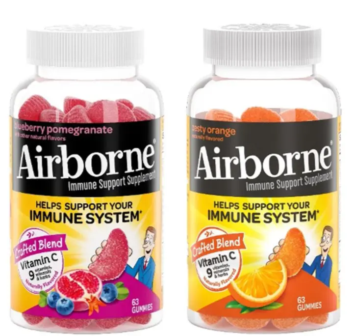 Recalled Airborne 63-count blueberry pomegranate and orange gummies