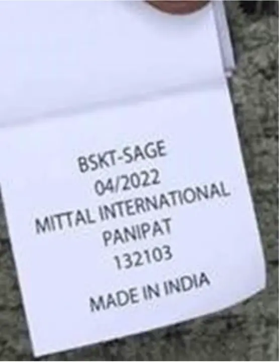 The Style Number (in this case 'BSKT-SAGE") and "MITTAL INTERNATIONAL" are printed on the bottom sewn-in label