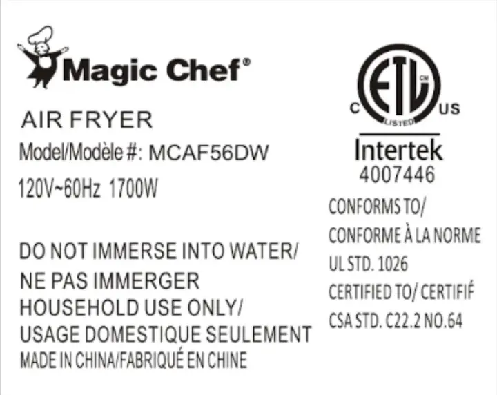 Rating Label on bottom of recalled Magic Chef Air Fryer MCAF56DW (white)