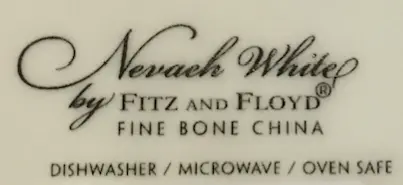 Label on the underside of the Fitz and Floyd Nevaeh White Can Mug