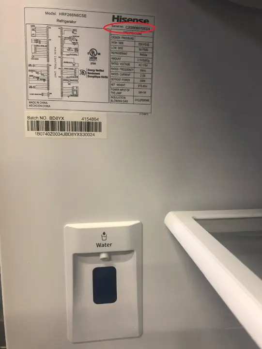 Serial Number Location for Recalled Hisense 26.6 Cu. Ft. French Door Refrigerators