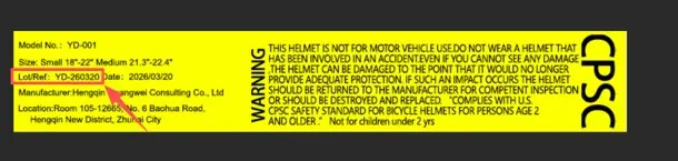 "Model No.: YD-001," "Lot/Ref: YD-260320" and "Date 2026/03/20" are printed on a label inside of the Recalled 5Color helmet and on the set's packaging