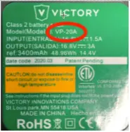Model VP-20A or VP-20B is printed on the Victory Innovations' battery pack' label.