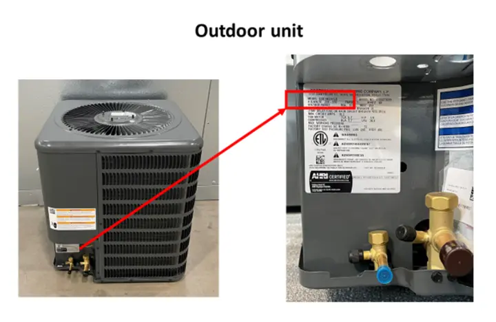 Location of model number on outdoor condenser