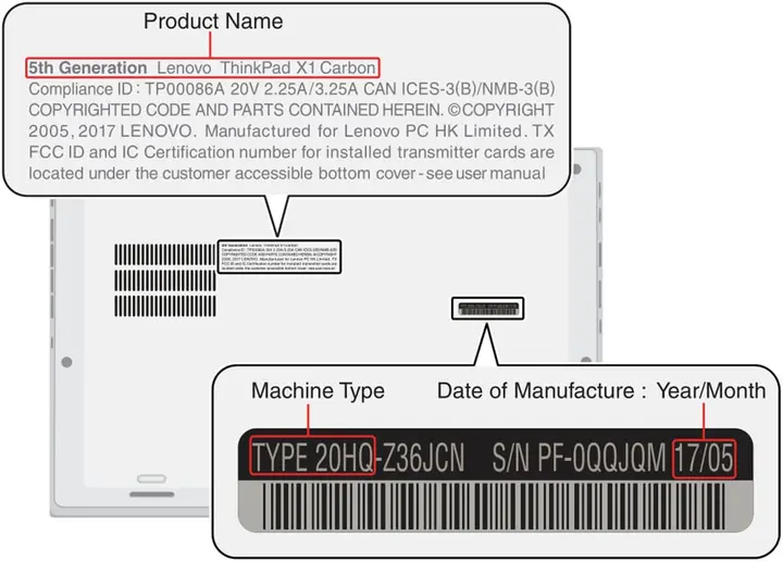 Picture identifying the laptop machine type, serial number, and date of manufacture. (Silver model)