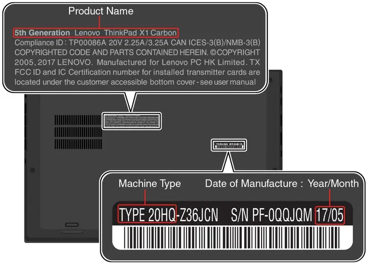 Picture identifying the laptop machine type, serial number, and date of manufacture. (Black model)