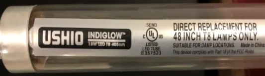 Recalled Indiglow LED T8 Lamp Showing Company Logo and Brand
