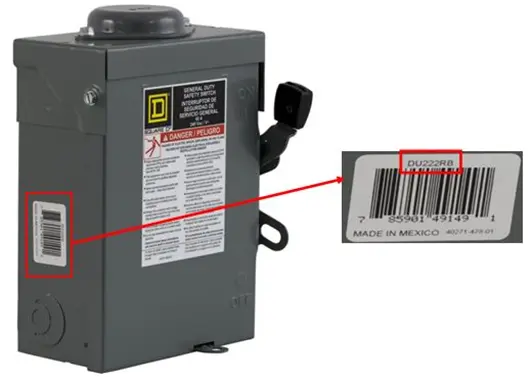 Label on the side of the safety switch with the catalog number