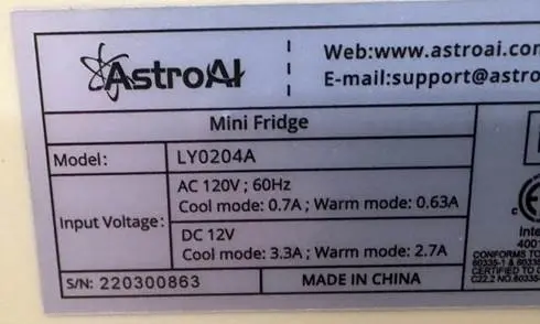 Recalled AstroAI 4-Liter/6-Can Minifridge label