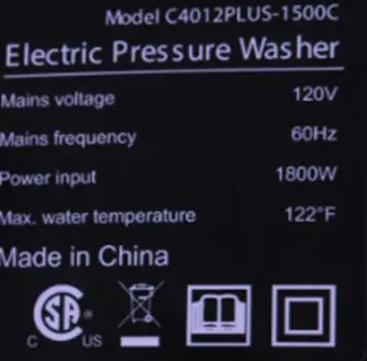 "Model: C4012PLUS-1500C" is printed on a label located on the back of the recalled BAYOTAK pressure washer