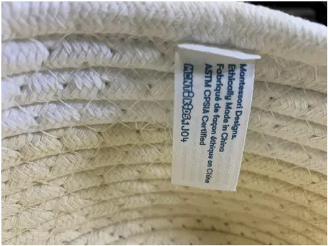 Label sewn inside of the Recalled Basket with Balls