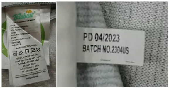 Biloban is printed on the mattress hangtag, and batch number 2304US and the manufacture date in the format "PD DD.MM/YYY" are printed on a tag stapled to the mattress cover