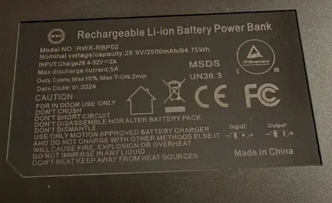 Rear View of Recalled The Blue Cactus Company Battery Pack