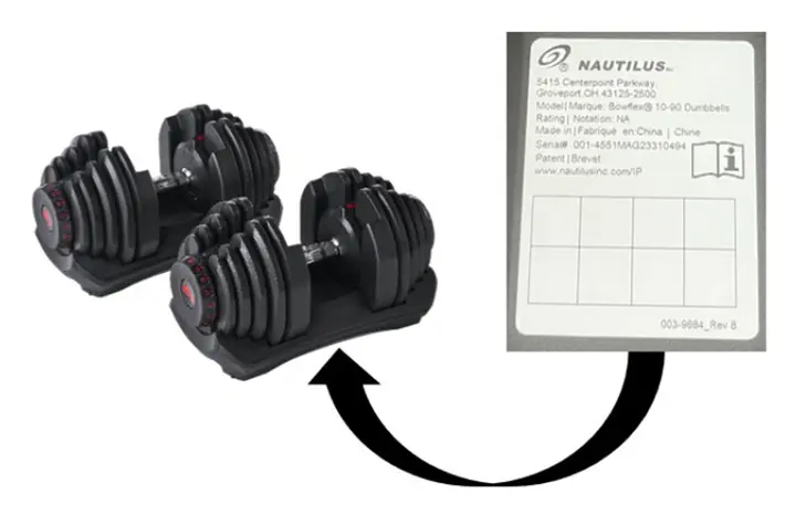 Recalled BowFlex 1090 90 LB Adjustable Dumbbell serial number location