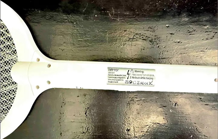 Model number labeled on the back of the recalled iMirror Rechargeable Electric Fly Swatter
