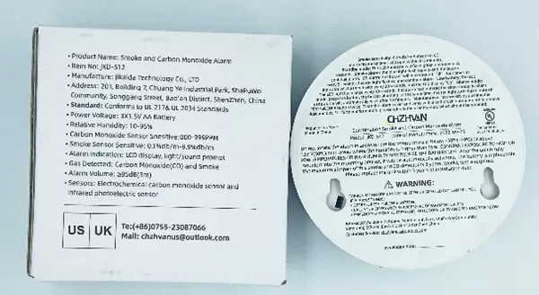 Recalled CHZHVAN Combination Smoke and Carbon Monoxide Detector (Back with Packaging)
