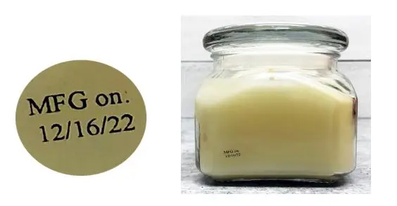 Candles with a Lot Code/MFG sticker on the back of the candle (in photo) are not included in this recall