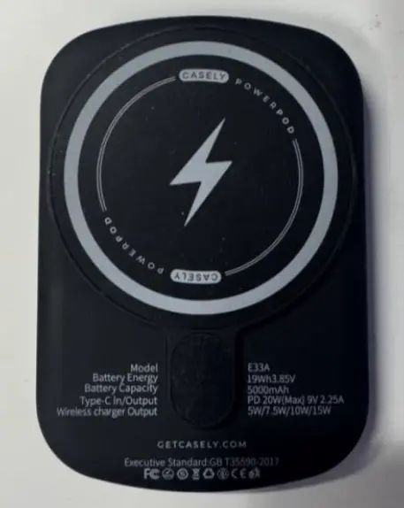 Recalled Casely wireless portable power bank (back of pod)