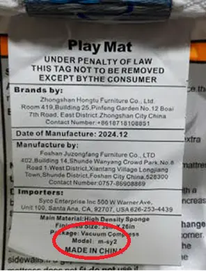Recalled Creekliybear "Pack and Play" Aftermarket Play Yard Mattress Label