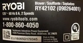 Data Plate located on the bottom of the Ryobi 8amp Jet Fan Blower