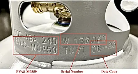 Location of model number of recalled EVAS 20-lb. propane exchange cylinder