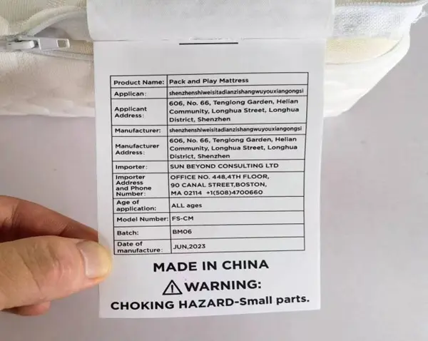 Recalled Forias Waterproof Pack and Play Mattress Warning Label