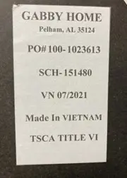 Gabby Home, SCH-151480 and Made in Vietnam are printed on a label located on the back for the mirror