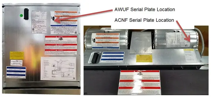 Model and serial numbers can be found by removing the wall or ceiling panel