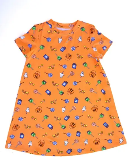 Recalled Lounge Dress (short sleeve) in Orange Fabric with Candy Corn, Jack-O-Lantern Buckets, and Assorted Lollipops