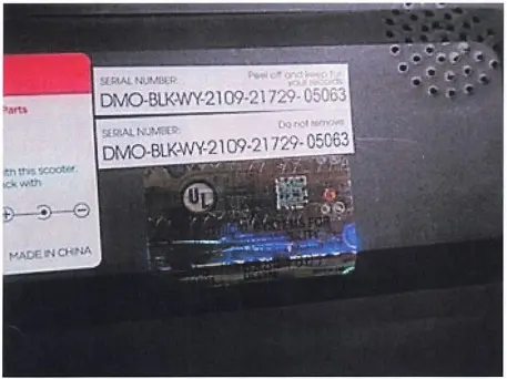 Serial number with the letters "WY" as the seventh and eighth letter appears on a label on the underside of the recalled e-scooter