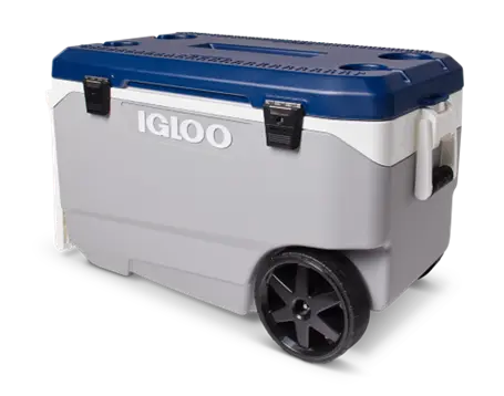 Model 34790: Recalled Igloo 90 Qt. Flip & Tow Rolling Cooler in Ash Gray Body, Aegean Sea Lid, White Tow Handle
