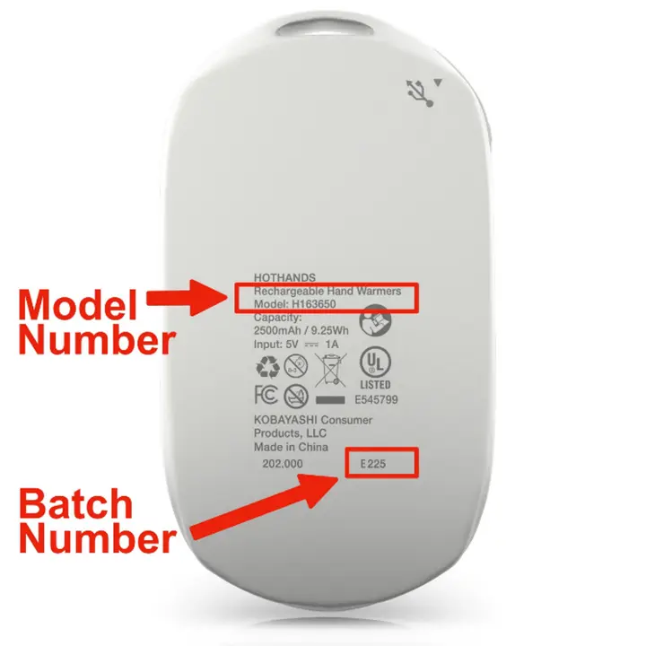 Model number "H163650" and the batch number are printed on the underside of the recalled HotHands rechargeable hand warmers