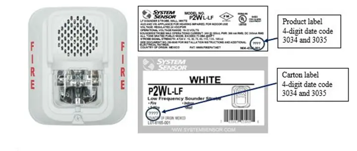Recalled System Sensor L-Series Low Frequency Fire Alarm Sounder Strobe Model P2WL-LF (White) showing product label and carton label