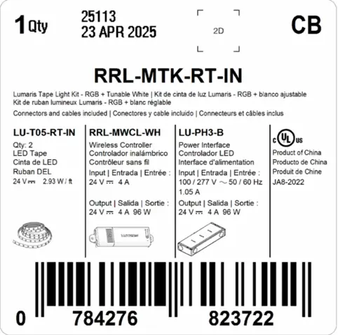 RadioRA 3 LED tape light starter kit package label lists the recalled power interface