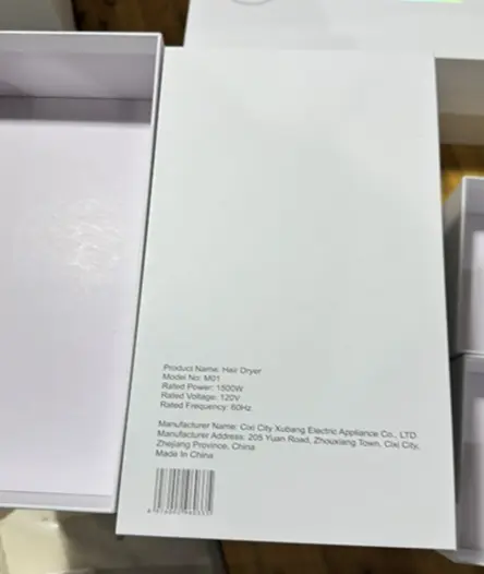 Packaging of Recalled Tideway Hairdryer, Model Number M01