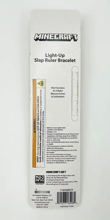 Recalled Minecraft Light-Up Slap Ruler Bracelet, Model 718508MCR – Back