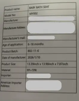 "Model No: MY002" and "Date of manufacturer: 2026/1/10" are printed on a label on the back of the recalled ONTHEWEI bath seat