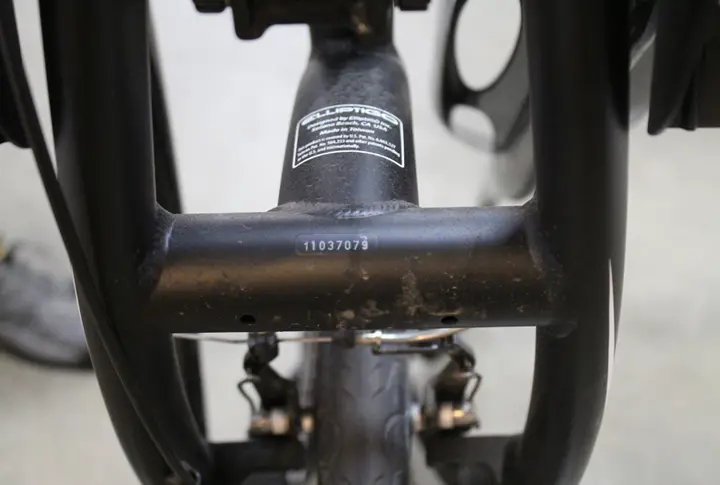 Location of serial number near to where the kickstand attaches to the frame on recalled elliptical cycle