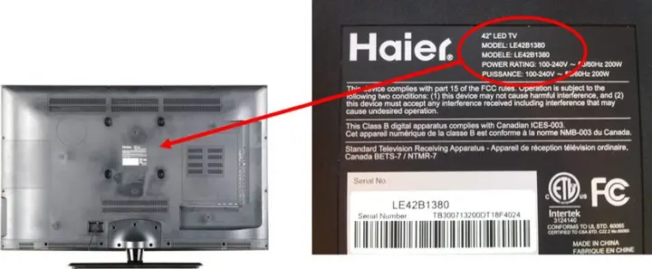 Detail of recalled LED TV label and its location on the back of the TV