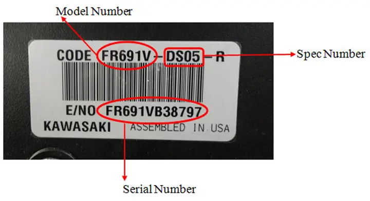 Label on the side of the Kawasaki engine showing locations of model, spec, and serial numbers