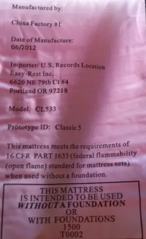 Easy-Rest federal mattress tag