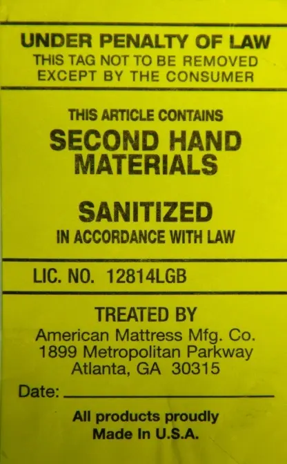 Yellow label on recalled American Mattress Manufacturing mattresses
