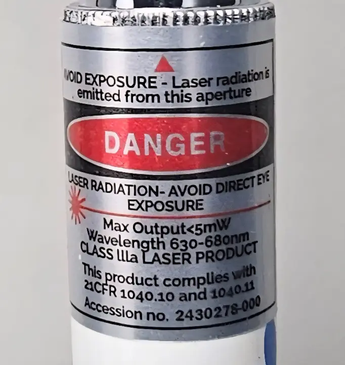 "Danger" and "Accession No. 2430278-000" are printed on a silver label located on the laser pointer tube