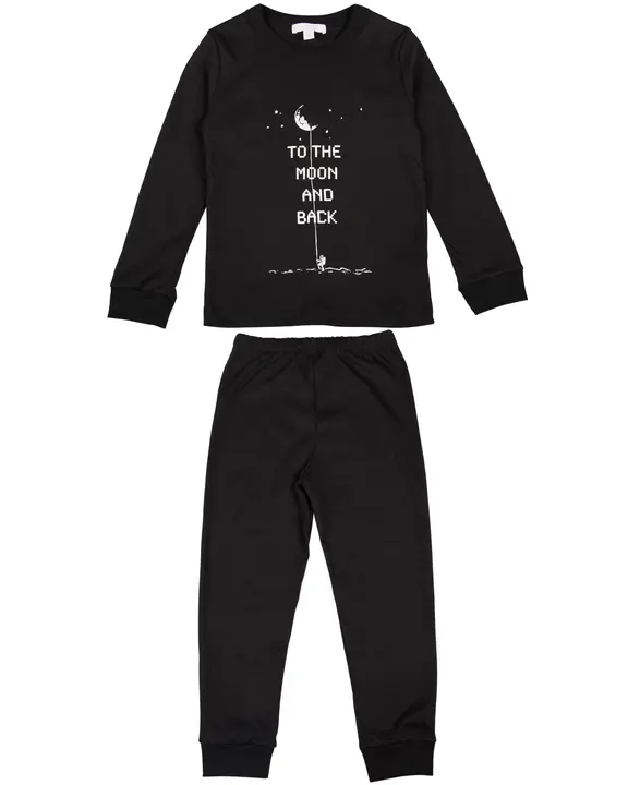 Children’s two-piece pajama set in black to the moon and back print