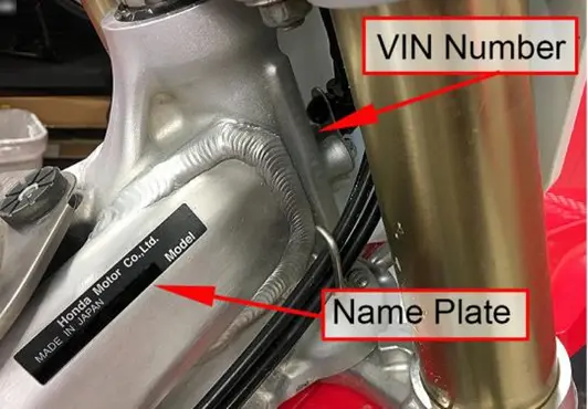 2025-2026 CRF450R Off-Road Motorcycle Location of VIN Number