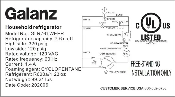 Model numbers BCD-215V-62H, GLR76TRDER, GLR76TBKER, GLR76TBEER or GLR76TWEER followed by the date code, in YYYYMM format, are printed on label on the back of the Galanz refrigerators. Only refrigerators with date codes ranging from December 2018 through December 2020 are included in this recal