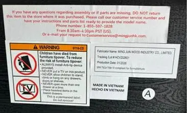 "Tracking/Lot #: HCV202601" and "Production Date: 01/2026" are printed on a label under the dressers' top panel of the dresser